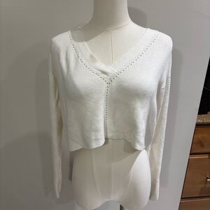 French Connection White Crop V-Neck Sweater Sz XS Classic Preppy Y2K Minimalist